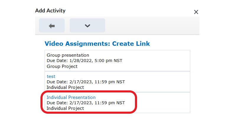 List of all video assignments created in the course