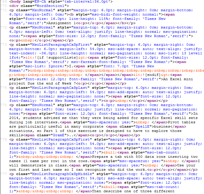 Screen shot showing messy code, much of the code is unnecessarily generated by copying content from MS-Word into an editor.