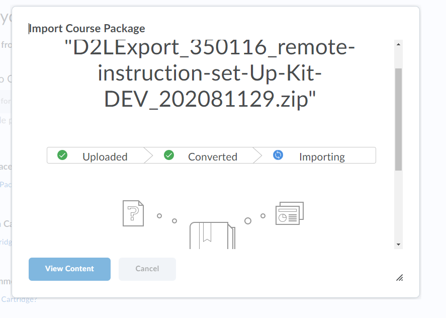 Import course package progress screenshot