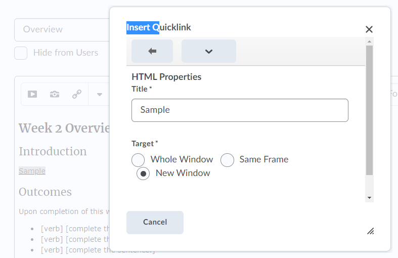 HTML link properties screen shot