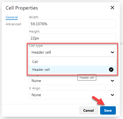 Cell properties: cell type screen shot