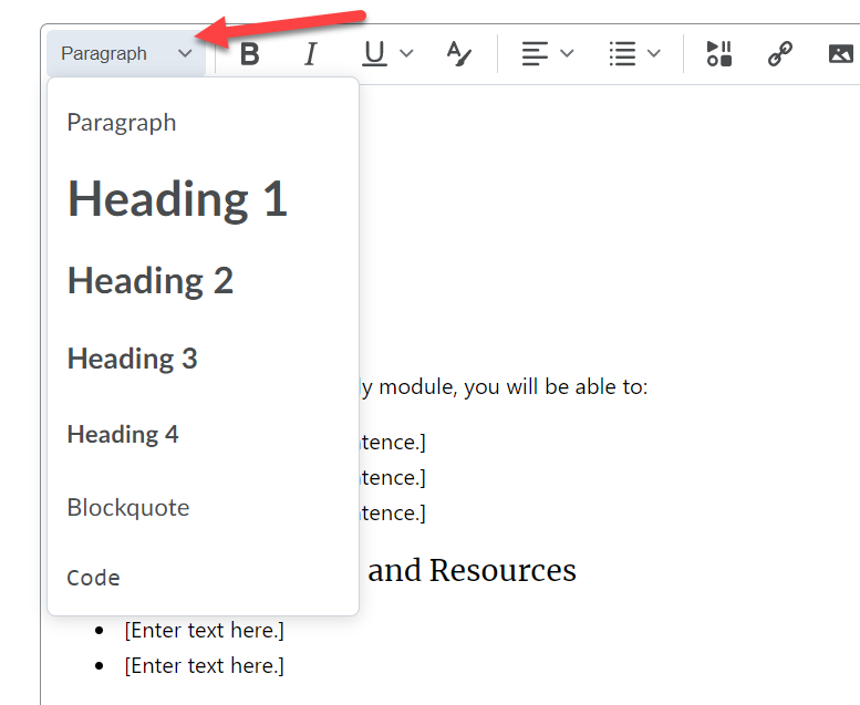 Shows the Brightspace editor with an arrow pointing to the format dropdown.
