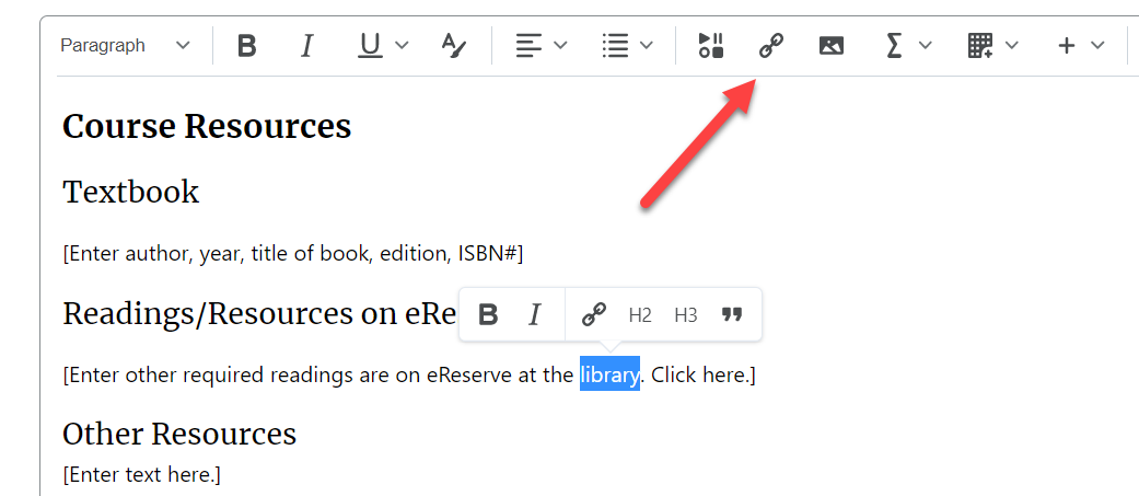 Screen shot of Brightspace editor with arrow pointing to the insert quicklink icon.
