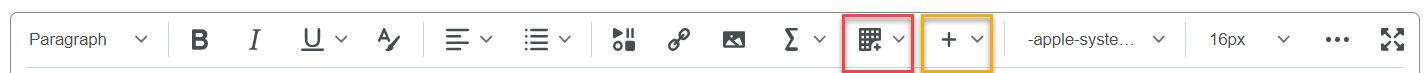Brightspace Editor screenshot with table and other insert options highlighted