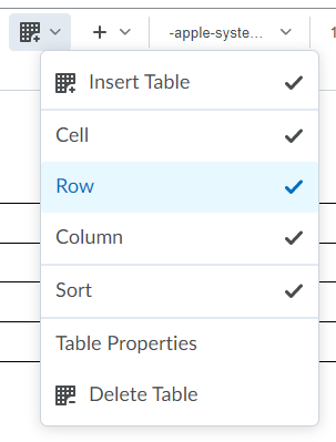 Screen shot of table options menu